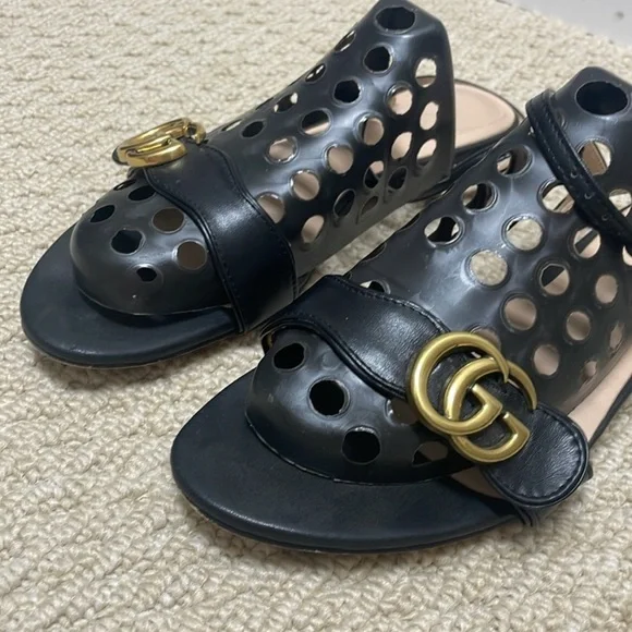 Gucci Marmont Sandals Flat Black Leather Interlocking GG Size 41 - Picture 15 of 15